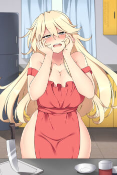1girl alternate_costume apron blonde_hair blue_eyes breasts cleavage commission cutting_board iowa_(kancolle) kantai_collection kitchen kitchen_knife knife large_breasts lindaroze long_hair looking_at_viewer naked_apron off_shoulder pot red_apron refrigerator solo standing star-shaped_pupils star_(symbol) symbol-shaped_pupils wide_hips yandere_trance