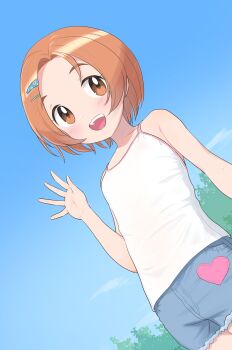 Rule 34 | 1girl, :d, armpit crease, bare shoulders, blue shorts, camisole, collarbone, commentary request, cowboy shot, hair ornament, hairclip, highres, idolmaster, idolmaster cinderella girls, looking to the side, open mouth, orange eyes, orange hair, outdoors, parted bangs, ryuzaki kaoru, short hair, shorts, smile, solo, teeth, upper teeth only, white camisole, yama tatsuo