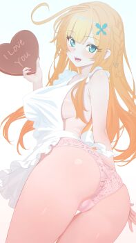 1girl absurdres apron ass blonde_hair blue_eyes braid breasts cameltoe chocolate cowboy_shot cowlick english_text escoffier_(genshin_impact) food genshin_impact hair_ornament heart heart_in_eye heart_print heart_print_panties highres holding holding_chocolate holding_food holding_heart large_variant_set long_hair looking_at_viewer looking_back medium_breasts mixed-language_commentary nearly_naked_apron neurotic_neko open_mouth panties pasties print_panties sideboob smile solo sparkle sparkling_eyes symbol_in_eye underwear variant_set white_apron