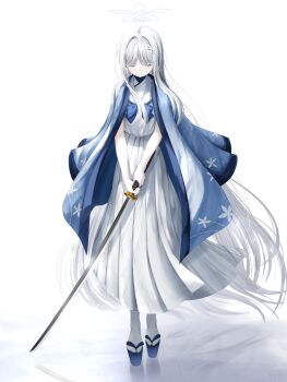 Rule 34 | absurdres, blue archive, blue bow, blue haori, bow, closed mouth, commentary request, hair ornament, halo, haori, highres, holding, holding sword, holding weapon, japanese clothes, katana, kuinanoda, long skirt, looking down, nagusa (blue archive), platform sandals, pleated skirt, sandals, shirt, skirt, snowflake hair ornament, sword, tabi, weapon, white eyes, white hair, white halo, white shirt, white skirt
