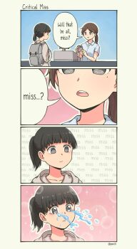 Rule 34 | 2girls, 4koma, black hair, blunt bangs, brown hair, cash register, cashier, comic, commentary, crying, crying with eyes open, empty eyes, english commentary, english text, freckles, grey eyes, hair ornament, hairclip, happy tears, highres, lgbt pride, mole, mole under eye, multiple girls, open mouth, original, outline, pas (paxiti), ponytail, short hair, short ponytail, simple background, sparklestreaming tears, surprised, tears, transgender flag, twitter username, white outline