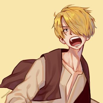 1girl blonde_hair brown_vest commentary curly_eyebrows hair_over_one_eye highres korean_commentary mulso one_piece open_mouth orange_background sanji_(one_piece) shirt short_hair simple_background solo twitter_username vest white_shirt
