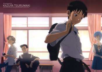 Rule 34 | 00s, 1girl, 3boys, absurdres, aida kensuke, ayanami rei, bandages, classroom, evangelion: 1.0 you are (not) alone, eyepatch, highres, ikari shinji, indoors, multiple boys, neon genesis evangelion, rebuild of evangelion, school, school uniform, serafuku, suzuhara touji, tsurumaki kazuya, window