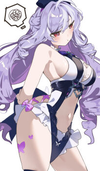 1girl :t armpits arms_behind_back arms_up bare_shoulders black_one-piece_swimsuit blush bow breasts chi_ero_(61193180) cleavage closed_mouth commentary_request highres large_breasts long_hair mole mole_under_eye multicolored_hair navel official_alternate_costume official_alternate_hairstyle one-piece_swimsuit open_mouth pout purple_hair red_eyes solo streaked_hair swimsuit two-tone_one-piece_swimsuit vivian_banshee vivian_banshee_(iris_of_the_shore) white_hair white_one-piece_swimsuit zenless_zone_zero