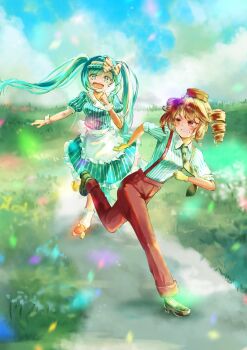 2girls apron black_necktie black_shoes blue_dress blue_hair blue_shirt clenched_teeth cloud collared_dress collared_shirt day dress drill_hair field flower full_body gloves grass grey_socks hair_between_eyes hat_ornament hatsune_miku highres index_finger_raised kasane_teto kayan_n layered_dress mesmerizer_(vocaloid) multiple_girls necktie open_mouth pants path pinstripe_dress pinstripe_hat pinstripe_pattern plant red_eyes red_pants road running sailor_collar shirt shoes short_sleeves skates sky sleeves_rolled_up socks star-shaped_pupils star_(symbol) striped_clothes striped_shirt striped_socks suspenders symbol-shaped_pupils teeth twin_drills twintails utau visor_cap vocaloid waist_apron white_apron white_socks white_wrist_cuffs wing_collar wrist_cuffs yellow_gloves