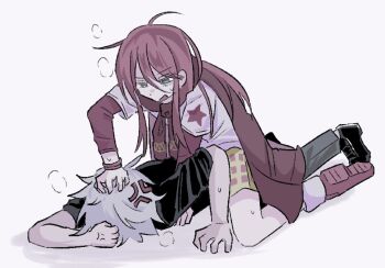 2boys anger_vein black_jacket bracelet classicaloid commentary_request green_eyes grey_hair hair_between_eyes highres jacket jewelry long_hair long_sleeves ludwig_van_beethoven_(classicaloid) lying male_focus messy_hair mozartyumyum multiple_boys on_stomach open_mouth pink_hair shirt shorts simple_background sitting sitting_on_person sweat white_background white_shirt wolfgang_amadeus_mozart_(classicaloid)