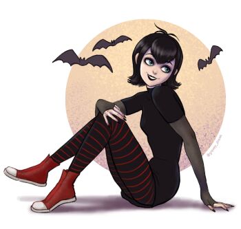 1girl artist_name bat_(animal) black_dress black_hair black_leggings black_lips blue_eyes dress gravey_draws grin highres hotel_transylvania leggings looking_to_the_side mavis_dracula red_leggings red_shoes shoes short_hair short_sleeves sitting smile solo striped_leggings two-tone_leggings