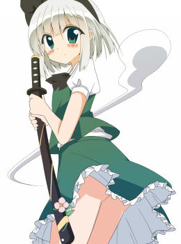 1girl ass black_bow black_bowtie black_hairband blush bow bowtie closed_mouth commentary_request flower frilled_skirt frills green_eyes green_skirt green_vest grey_hair hairband highres hitodama holding holding_sword holding_weapon katana konpaku_youmu konpaku_youmu_(ghost) looking_at_viewer pink_flower puffy_short_sleeves puffy_sleeves sheath sheathed shirt shishiky short_sleeves simple_background skirt skirt_set solo sword touhou vest weapon white_background white_shirt