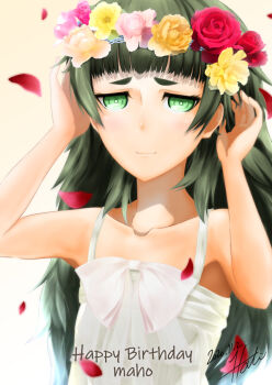 1girl 2020 blunt_bangs blush bow chest_bow collarbone dated dress flat_chest green_eyes green_hair happy_birthday head_wreath hiyajou_maho light_blush lokis-hati long_hair messy_hair ringed_eyes science_adventure signature smile solo steins;gate steins;gate_0 sundress thick_eyebrows very_long_hair white_bow white_dress