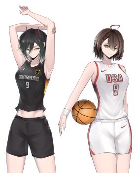 2girls absurdres ahoge alternate_costume arms_up azur_lane ball baltimore_(azur_lane) basketball_(object) basketball_jersey basketball_uniform black_hair black_shirt black_shorts braid breasts brown_hair commentary cowboy_shot english_commentary hair_between_eyes highres holding holding_ball horns large_breasts long_hair_between_eyes looking_at_another looking_at_viewer mechanical_horns midriff multicolored_hair multiple_girls red_horns shirt short_hair shorts side_braid sleeveless small_horns sportswear standing two-tone_hair ulrich_von_hutten_(azur_lane) white_hair white_shirt white_shorts xuwasoo yellow_eyes