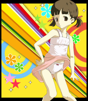 1girl atlus bow bow_panties brown_eyes brown_hair collarbone crotch_seam doujima_nanako dress flat_chest floral_background hair_ribbon hand_on_own_hip heragyu loli looking_at_viewer low_twintails megami_tensei panties persona persona_4 pink_dress pink_panties red_bow red_ribbon ribbon short_hair sleeveless sleeveless_dress sparkle sparkle_background standing star_(symbol) star_symbol_background twintails underwear wind wind_lift yellow_background