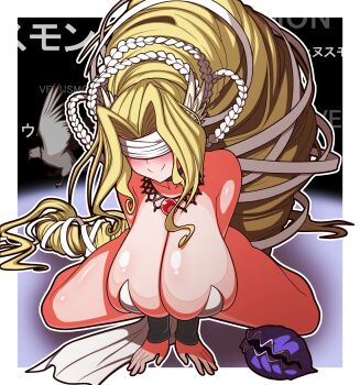 Rule 34 | absurdres, bare shoulders, black background, blindfold, blush, border, breasts, character name, commentary request, commission, digimon, digimon (creature), head wings, highres, huge breasts, long hair, olive (digimon), pixiv commission, revealing clothes, samuraisouru1954, shell, smile, spread legs, venusmon, very long hair, white border, white wings, wings