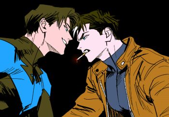 batman_(series) black_gloves black_hair black_shirt blue_eyes cigarette dc_comics dick_grayson ghksxodh gloves jason_todd long_sleeves male_focus multicolored_hair nightwing profile red_hood_(dc) shirt short_hair simple_background solo streaked_hair upper_body white_hair