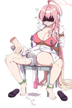 Rule 34 | 1boy, 1girl, absurdres, barefoot, blue archive, bound, breasts, female ejaculation, forced orgasm, halo, hanako (blue archive), highres, hitachi magic wand, large breasts, long hair, mimoun, orgasm, pink hair, pink halo, restrained, sex toy, simple background, sitting, stationary restraints, swimsuit, tied up (nonsexual), vibrator, white background