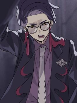 1boy arm_up black-framed_eyewear black_coat coat collared_shirt corbeau_(pokemon) film_grain glasses highres lapels looking_at_viewer male_focus necktie nekokawai1ii7 nintendo open_mouth parted_hair pokemon pokemon_legends:_z-a purple_hair purple_shirt round_eyewear shirt short_hair solo tassel teeth white_necktie wing_collar yellow_eyes