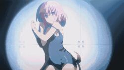 1boy 1girl animated animated_gif blue_one-piece_swimsuit chain demon_tail food hands_on_another&#039;s_head implied_fellatio lowres momo_velia_deviluke non-web_source one-piece_swimsuit pink_hair popsicle purple_eyes school_uniform sexually_suggestive swimsuit tail to_love-ru yuuki_rito