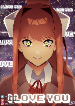 1girl absurdres artist_name blush brown_hair commentary_request doki_doki_literature_club doki_doki_literature_club_school_uniform edo_nova english_text eyelashes green_eyes hair_intakes hair_ribbon heart highres instagram_logo instagram_username long_hair looking_at_viewer monika_(doki_doki_literature_club) neck_ribbon patreon_logo patreon_username portrait red_ribbon ribbon school_uniform smile solo spanish_commentary straight-on twitter_logo twitter_username watermark web_address white_ribbon yellow_pupils