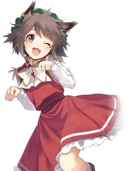 1girl animal_ear_fluff animal_ear_piercing animal_ears artist_request bow bowtie brown_hair cat_ears chen fang frilled_skirt frills game_cg green_hat hat labyrinth_of_touhou_(series) labyrinth_of_touhou_2 looking_at_viewer mob_cap official_art paw_pose pink_eyes red_skirt red_vest shirt short_hair skirt skirt_set solo third-party_source touhou transparent_background vest white_bow white_bowtie white_shirt