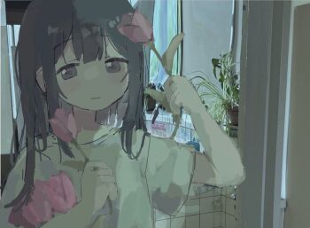 1girl blunt_bangs brown_eyes brown_hair flower hair_over_shoulder holding holding_flower indoors long_sidelocks looking_at_viewer muted_color open_window original sidelighting sidelocks smile solo tulip upper_body window window_light yukitomo_(motcha111)