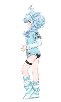 1girl absurdres ahoge black_panties blue_bow blue_eyes blue_hair blue_shirt blue_socks bow braid from_side full_body hair_bow hair_flaps hair_ornament highres hololive hololive_dev_is k-go layered_sleeves lightning_ahoge long_hair long_sleeves loose_socks low_twin_braids mizumiya_su mizumiya_su_(1st_costume) multicolored_hair no_jacket panties pink_hair pink_streaks print_shirt shirt short_over_long_sleeves short_sleeves simple_background socks solo streaked_hair striped_clothes striped_socks thigh_strap torn_clothes torn_shirt twin_braids two-tone_hair underwear virtual_youtuber white_background white_sleeves white_socks x_hair_ornament