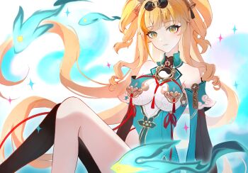 Rule 34 | 1girl, bare shoulders, black thighhighs, blonde hair, breasts, china dress, chinese clothes, chinese commentary, commentary request, detached sleeves, dress, eyewear on head, fish, flying fish, green dress, highres, honkai (series), honkai impact 3rd, large breasts, lin yu jin, looking at viewer, multicolored eyes, parted lips, round eyewear, single thighhigh, solo, songque, songque (jovial deception: shadowdimmer), sunglasses, thighhighs, thighs, twintails, two-tone eyes