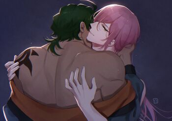 2boys back bare_shoulders bishounen biting cherry_blossom_(sk8) commentary_request dark-skinned_male dark_skin from_behind green_hair hair_over_one_eye interracial jacket jacket_partially_removed joe_(sk8) long_hair male_focus medium_hair multiple_boys muscular muscular_male off_shoulder pink_hair satoimo_sanda shoulder_tattoo sk8_the_infinity smirk tattoo teeth upper_body yaoi