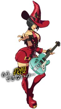 1girl 3d arc_system_works bare_shoulders black_hair bob_cut boots breasts brown_hair cleavage electric_guitar female_focus fingerless_gloves full_body gloves green_eyes guilty_gear guilty_gear_xrd guitar hat i-no instrument large_breasts lipstick makeup mole official_art platform_boots platform_footwear red_boots red_hat short_hair smile solo thigh_boots thighhighs transparent_background witch_hat zettai_ryouiki