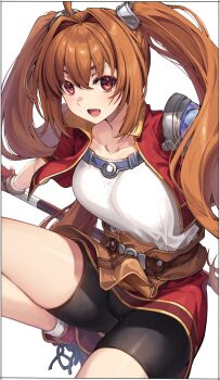 1girl bike_shorts black_shorts breasts brown_hair commentary_request eiyuu_densetsu estelle_bright fang highres holding holding_weapon jacket kei_(soundcross) long_hair looking_at_viewer medium_breasts open_clothes open_jacket open_mouth red_eyes red_jacket red_skirt shirt shorts simple_background skirt solo sora_no_kiseki thighs twintails weapon white_background white_shirt