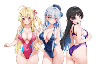 Rule 34 | 3girls, 4ddd, absurdres, ahoge, amagai ruka, arm at side, arm behind back, ass, black hair, blue eyes, blue hair, blue hat, blue one-piece swimsuit, bow, braid, breasts, cleavage, closed mouth, commentary request, commission, competition swimsuit, covered navel, cowboy shot, earrings, fortissimo, from behind, grey hair, hair bow, hair ornament, hair ribbon, hairclip, hand up, hat, heart, heart earrings, highleg, highleg one-piece swimsuit, highres, hololive, hololive dev is, jewelry, large breasts, long hair, looking back, medium breasts, multiple girls, musical note, musical note hair ornament, nijisanji, one-piece swimsuit, one side up, otonose kanade, pink bow, pink one-piece swimsuit, pixiv commission, purple one-piece swimsuit, red eyes, red ribbon, ribbon, simple background, smile, swimsuit, tsukino mito, virtual youtuber, weather planet, white background, x hair ornament