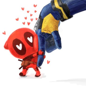 2boys belt blue_gloves bodysuit chibi commentary_request deadpool deadpool_&amp;_wolverine deadpool_(series) finger_grab giant giant_male gloves hamu_popopo heart highres hug male_focus marvel marvel multiple_boys red_bodysuit red_mask spoken_heart superhero_costume twitter_username utility_belt wolverine_(x-men) x-men yaoi
