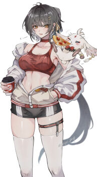 1girl abby_(wuthering_waves) absurdres artist_name bare_shoulders black_bow black_hair black_shorts bow breasts cleavage closed_mouth collarbone colored_inner_hair commentary_request cowboy_shot crop_top cup disposable_cup earrings female_rover_(wuthering_waves) hair_bow hair_ornament hair_ribbon hairclip hand_in_pocket highres holding holding_cup jacket jewelry light_smile long_hair looking_at_viewer medium_breasts multicolored_hair off_shoulder official_alternate_costume open_clothes open_jacket parallel_hairclips red_shirt ribbon root_(050710root) rover_(wuthering_waves) shirt shorts simple_background thighhighs thighs triangle_earrings very_long_hair white_background white_hair white_jacket white_thighhighs wuthering_waves yellow_eyes yellow_ribbon