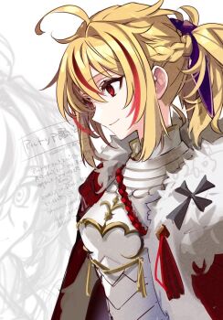 1girl ahoge armor blonde_hair braid cape commentary_request fate/strange_fake fate_(series) genderswap genderswap_(mtf) half_up_braid heki0529 long_hair multicolored_hair ponytail red_eyes red_streaks richard_i_(fate) smile streaked_hair upper_body white_background