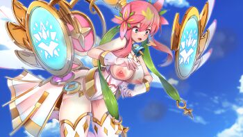 1girl blonde_hair blue_eyes blue_sky boots breast_slip breasts commentary_request commission duel_masters elbow_gloves flower gloves gold_trim green_hair_ornament hair_between_eyes hair_flower hair_ornament high_ponytail highres large_breasts leotard long_hair magic_circle mechanical_wings multicolored_hair nipples open_mouth pink_hair pixiv_commission ponytail rafululu_love_(duel_masters) short_ponytail sidelocks sky smoke solo thick_thighs thighs torn_clothes torn_leotard warabe_(waraghi) white_boots white_gloves white_leotard wings