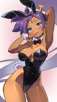 Rule 34 | 1girl, animal ear hairband, animal ears, arm up, armpits, bare shoulders, black leotard, blue eyes, blush, bow, bowtie, breasts, cleavage, covered navel, dark-skinned female, dark skin, detached collar, earrings, fake animal ears, gluteal fold, hairband, highleg, highleg leotard, highres, jewelry, large breasts, leotard, life is pi, lips, long hair, looking at viewer, parted lips, playboy bunny, ponytail, purple hair, rabbit ear hairband, rabbit ears, rabbit tail, shantae, shantae (series), solo, strapless, strapless leotard, tail, tiara, very long hair, wrist cuffs