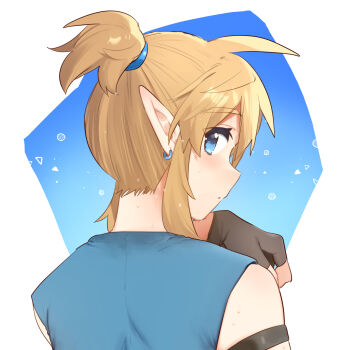 1boy blonde_hair blue_background blue_eyes blue_shirt blush brown_gloves commentary_request earrings fingerless_gloves from_behind gloves hand_up highres jewelry link male_focus nintendo pointy_ears ponytail portrait shirt solo the_legend_of_zelda the_legend_of_zelda:_breath_of_the_wild ttanuu. white_background