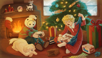 Rule 34 | 2boys, alternate costume, blonde hair, blue pants, box, brand name imitation, brown bag, brown slippers, candle, christmas, christmas lights, christmas ornaments, christmas present, christmas tree, commentary, crack, dog, english commentary, fingernails, fire, fireplace, gab (kyokugen dasshutsu), gift, gift art, gift box, handheld game console, helmet, highres, holding, holding box, in-franchise crossover, indoors, kyokugen dasshutsu, kyokugen dasshutsu adv: zennin shibou desu, lego, long sleeves, lower teeth only, male focus, multiple boys, nintendo 3ds, open mouth, pajamas, pants, q (kyokugen dasshutsu), quark (kyokugen dasshutsu), red pajamas, rug, rust, second-party source, short hair, sitting, slippers, snow globe, socks, soopyloop, striped clothes, striped sweater, sweater, teeth, toy airplane, two-tone sweater, unwrapping, white socks, window, zero escape: toki no dilemma