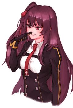 1girl black_gloves black_jacket breasts chest_belt collared_shirt eonsang girls'_frontline gloves hair_ribbon jacket long_hair long_sleeves medium_breasts necktie one_side_up parted_lips purple_hair red_eyes red_ribbon ribbon shirt simple_background smile very_long_hair wa2000_(girls'_frontline) white_background white_shirt yellow_necktie