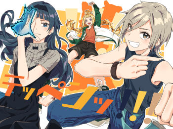 3girls :d bangs_pinned_back black_dress black_shirt black_shorts blonde_hair blue_eyes blue_pants braid brown_eyes closed_mouth commentary copyright_name covering_one_eye dress green_jacket grey_hair grey_sweater grin hand_over_eye highres jacket kasama_hina komatsuzaki_miyu long_hair long_sleeves looking_at_viewer low_twin_braids medium_hair mole mole_under_eye multiple_girls open_clothes open_jacket open_mouth orange_background orange_shirt pants pinafore_dress ribbed_sweater shirt short_sleeves shorts sleeveless sleeveless_dress smile sweater teppen!!!_(manga) turtleneck turtleneck_sweater twin_braids ushiku_misao very_long_hair yukitake_(bullfalk)