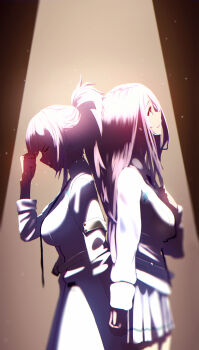 2girls absurdres back-to-back from_side heaven_burns_red highres holding_hands kura_satomi multiple_girls pink_hair ponytail spotlight tsukishiro_monaka utsusemi_(parutyi)