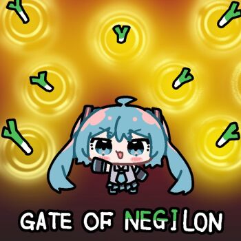 Rule 34 | 1girl, :3, :d, ahoge, aqua eyes, aqua hair, aqua necktie, black boots, black skirt, black sleeves, boots, chibi, chibi only, collared shirt, commentary, detached sleeves, fate/stay night, fate (series), gate of babylon (fate), grey shirt, hair ornament, hatsune miku, long hair, miniskirt, necktie, open mouth, pleated skirt, pun, shirt, skirt, smile, solo, spring onion, twintails, v-shaped eyebrows, very long hair, vocaloid, yukkuri yuduki