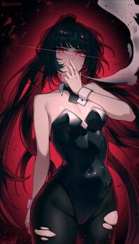 1girl absurdres artist_name black_hair black_leotard black_necktie breasts cigarette commentary_request detached_collar eyewear_on_head glaring highres holding holding_cigarette korean_commentary layer_(layer_illust) leotard limbus_company long_hair looking_at_viewer n_corp._e.g.o_(identity)_(project_moon) necktie pantyhose project_moon red_background red_eyes ryoshu_(project_moon) short_necktie simple_background smoking solo strapless strapless_leotard sunglasses torn_clothes torn_pantyhose twitter_username white_wrist_cuffs wrist_cuffs