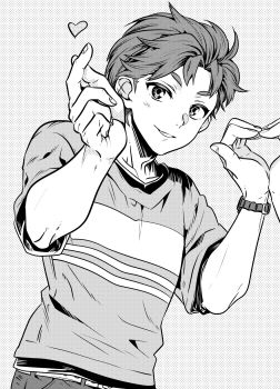 1boy casual collarbone fingernails greyscale grin heart highres ikuhashi_muiko jewelry looking_at_viewer male_focus monochrome robotics;notes science_adventure shirt short_hair short_sleeves simple_background smile solo t-shirt upper_body watch wristwatch yashio_kaito