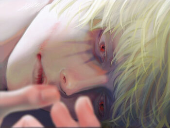1boy blonde_hair blue_facepaint close-up commentary_request donquixote_rocinante highres lying male_focus minamoto_(tomonami_66) on_side one_piece outstretched_hand pov red_eyes red_lips solo sunlight