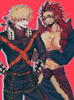 Rule 34 | 2boys, abs, adam's apple, bakugou katsuki, blonde hair, boku no hero academia, commentary, covered pectorals, cowboy shot, crossed arms, english commentary, eye contact, hands on own hips, highres, kirishima eijiro, long hair, looking at another, male focus, multiple boys, navel, outline, pectorals, red background, red hair, scar, scar on face, short hair, simple background, smile, spiked hair, superhero costume, teeth, tobionart