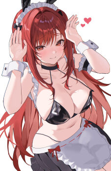 1girl absurdres alternate_costume animal_ears apron armpit_crease arms_up bare_shoulders bikini bikini_skirt black_bikini black_choker black_skirt blush breasts choker cleavage closed_mouth collarbone commentary cowboy_shot dodosaae enmaided fake_animal_ears frilled_apron frills goddess_of_victory:_nikke groin hair_between_eyes hair_intakes heart highres large_breasts long_hair looking_at_viewer maid maid_apron maid_bikini maid_headdress navel nose_blush one_side_up pleated_skirt rabbit_ears rabbit_pose rapi_(nikke) rapi_(red_hood)_(nikke) red_eyes red_hair sidelocks simple_background skirt smile solo standing stomach swimsuit unconventional_maid waist_apron white_apron white_background white_wrist_cuffs wrist_cuffs