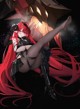 1girl absurdly_long_hair absurdres armored_boots ass azur_lane bare_shoulders black_boots black_dress black_gloves black_horns boots breasts brown_pantyhose center_frills changgong8745 clothing_cutout curled_horns demon_girl demon_wings dress elbow_gloves frills full_body gloves hair_spread_out high_heels highres hindenburg_(azur_lane) horns huge_breasts knee_boots long_hair looking_at_viewer non-humanoid_robot pantyhose pink_pupils pointy_ears purple_eyes red_eyes red_hair robot robot_dragon single_knee_boot skirt slit solo thigh_strap underboob underboob_cutout very_long_hair wings