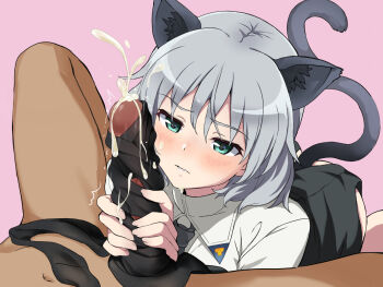1boy 1girl animal_ears black_pantyhose blush cat_ears cat_tail censored cum cum_in_clothes cum_on_body cum_on_hair ejaculation erection facial handjob hetero military pantyhose penis penis_on_face sanya_v._litvyak shiny_skin short_hair silver_hair sock_on_penis sockjob socks solo_focus strike_witches tail tobiume_sayu uniform unworn_pantyhose world_witches_series