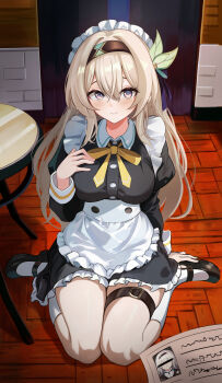 1girl absurdres alternate_costume apron black_dress black_shoes closed_mouth dress firefly_(honkai:_star_rail) frilled_apron frills grey_hair hair_between_eyes hair_ornament highres honkai:_star_rail honkai_(series) kaka_(abclkj12) long_hair long_sleeves maid maid_apron maid_headdress pink_eyes ribbon shoes sitting smile socks solo thigh_strap very_long_hair waist_apron wariza white_apron white_socks yellow_ribbon