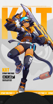 1girl absurdres animal_ear_fluff animal_ears aqua_eyes arm_up arrow_(symbol) belt black_boots black_choker black_hair black_jacket black_shorts boots breasts cable cable_tail cat_ears cat_girl character_name choker cleavage collarbone commentary dark-skinned_female dark_skin english_commentary english_text eyelashes eyewear_on_head fingerless_gloves fingernails full_body gloves heterochromia highres holding holding_weapon jacket kat_(ueko) lightning_bolt_symbol long_sleeves mechanical_legs mechanical_tail multicolored_hair open_clothes open_jacket orange_eyes orange_gloves orange_hair original radiation_symbol short_hair short_shorts shorts solo streaked_hair tail thighhighs two-tone_hair ueko_(ueko_t) weapon white_belt zenless_zone_zero zettai_ryouiki