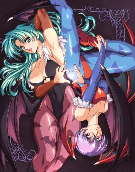 2girls black_leotard breasts copyright_name darkstalkers demon_wings english_text green_eyes green_hair head_wings highleg highleg_leotard highres leotard lilith_(darkstalkers) lying morrigan_aensland multiple_girls pantyhose print_pantyhose purple_hair purple_pantyhose red_eyes red_leotard sirknightbot strapless strapless_leotard wings